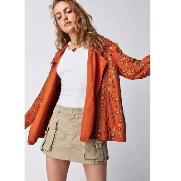 Free People Chelsea Coin Moto Jacket Coat Lined Size L Large NEW
